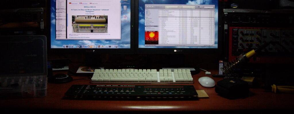 MSS 2007 MIDI step sequencer DIY built electronic music LCD screens knobs and buttons uCapps apple powermac soldering iron