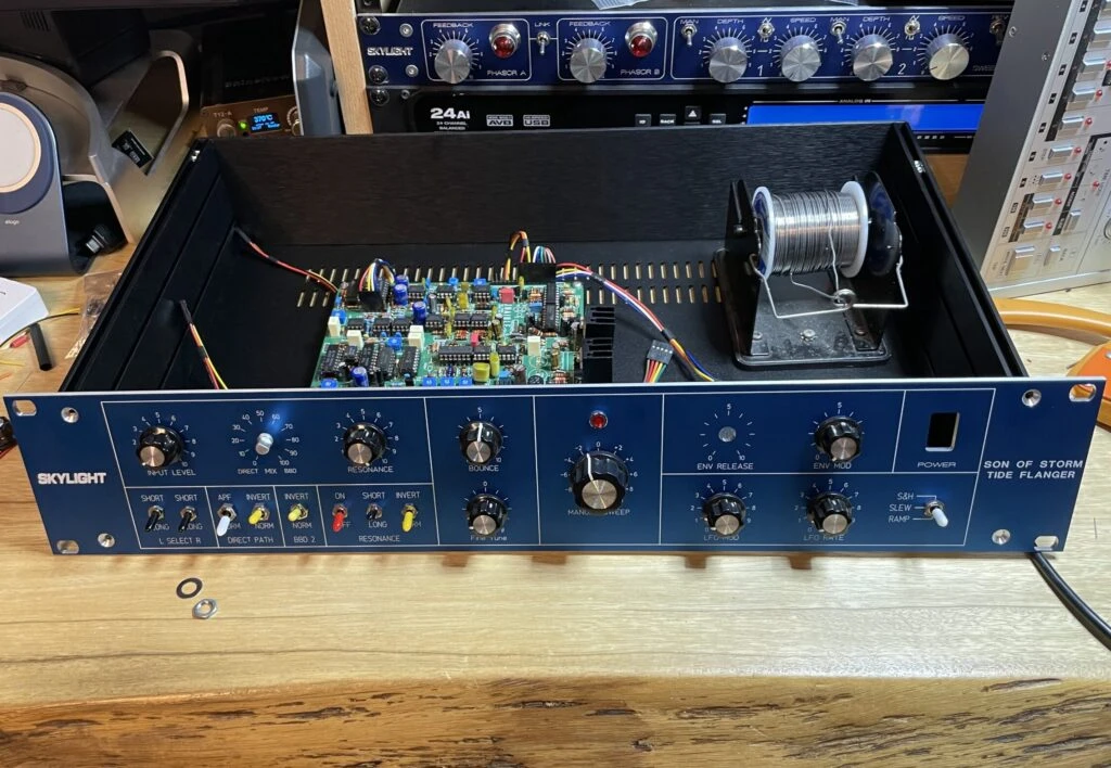 SOST flanger board going into a 19-inch 2U Skylight rack case with a blue front panel