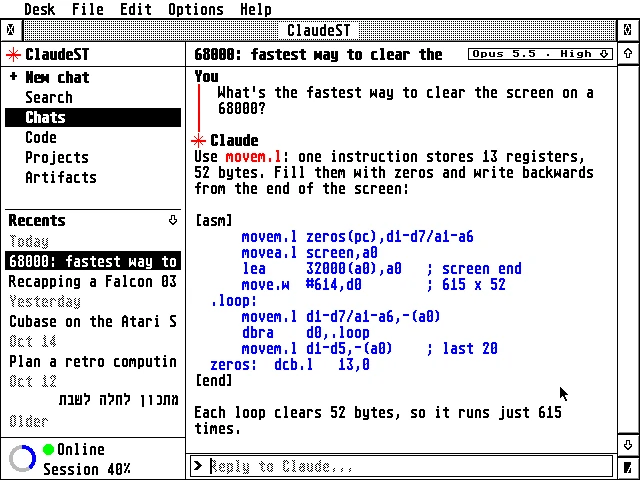 A chat in 16 colours: Claude answers "What's the fastest way to clear the screen on a 68000?" with assembly code, beside the sidebar of chats, the model chip in the title bar and the usage ring at Session 40%.