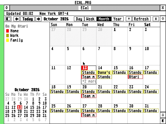 Month view: October 2026, with the Home, Work and Family calendars in red, olive and yellow, today (the 13th) in red, and the calendar list and a small month on the left.