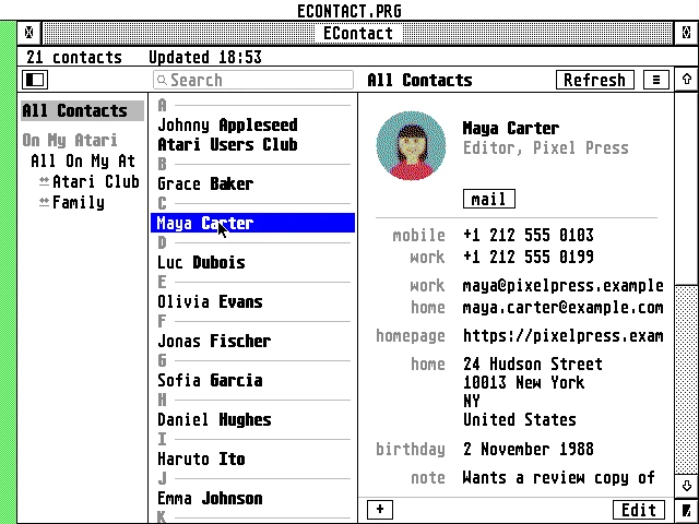 The window: the address books and groups on the left, 21 contacts sorted by last name under letter headings, Maya Carter chosen in a blue bar, and her card with her colour photo, phones, emails, home page, address, birthday and note.