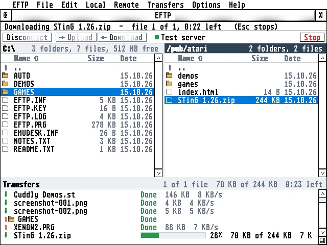 Two panes: the Atari's C:\ on the left, the server's /pub/atari on the right, and the transfer queue below, with STinG 1.26.zip downloading at 28% and the earlier files Done in green.