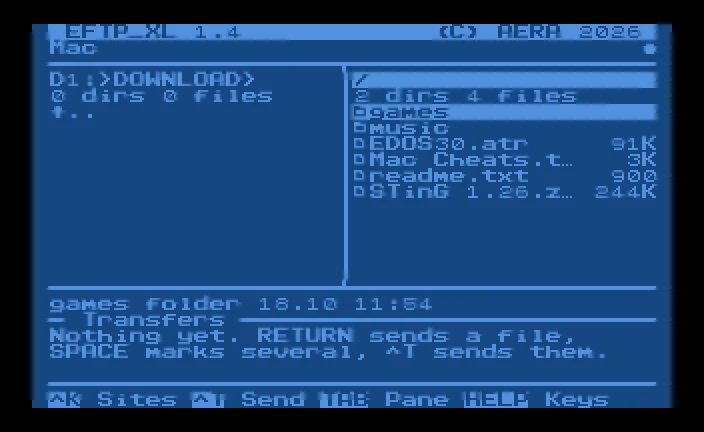 Connected to the site Mac: the Atari's empty D1:>DOWNLOAD> folder on the left, the server's folder on the right with games, music and four files, and the transfers area saying Nothing yet.